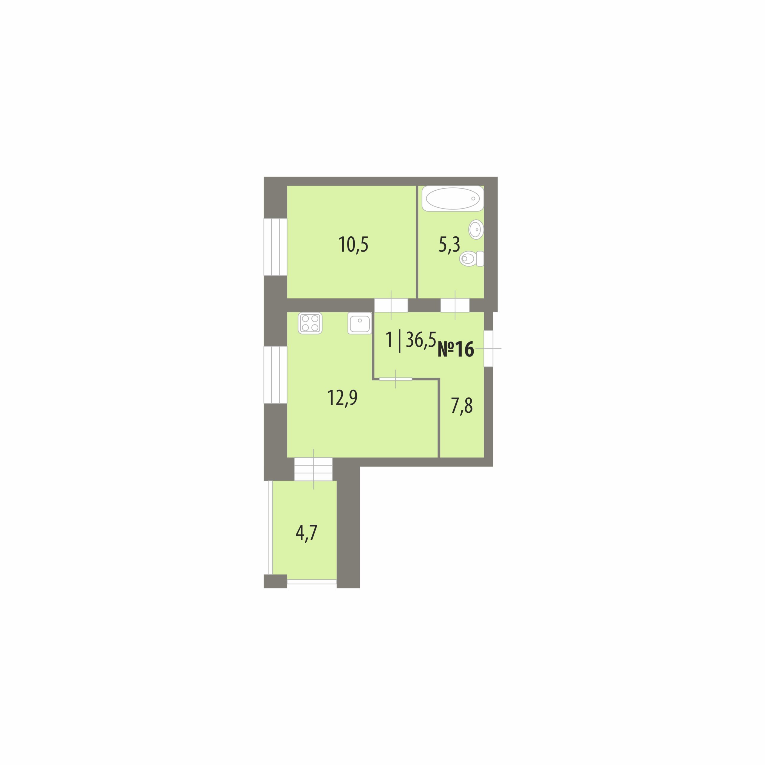 Планировка: 1-комнатная · 36,5 м², Дом на Городищенской