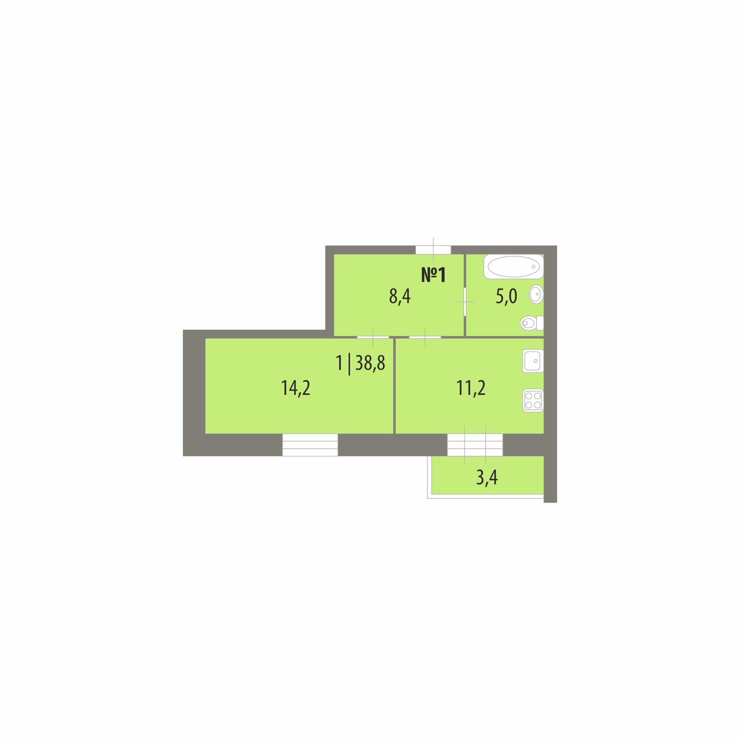 Планировка: 1-комнатная · 38,8 м², Дом на Городищенской