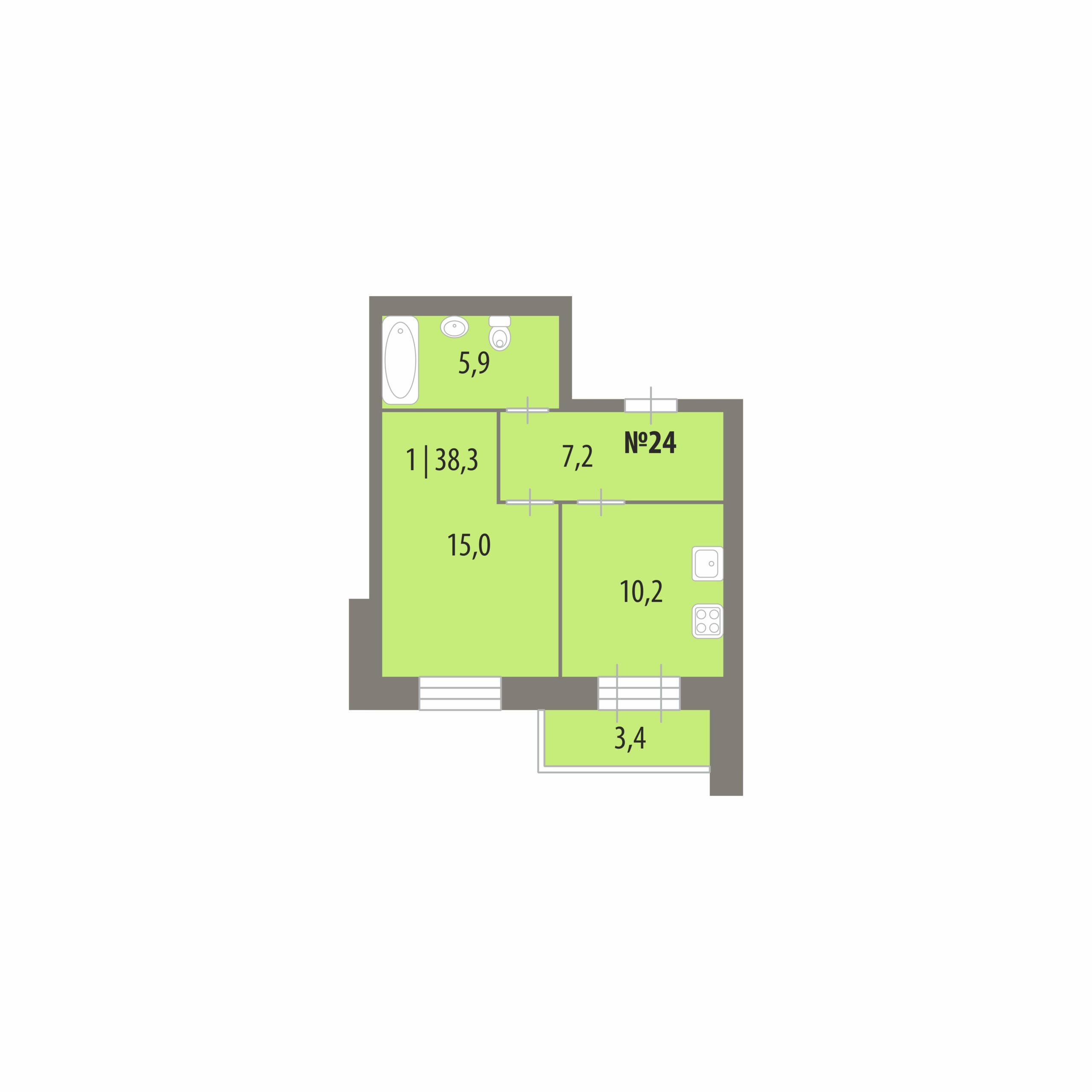 Планировка: 1-комнатная · 38,3 м², Дом на Городищенской