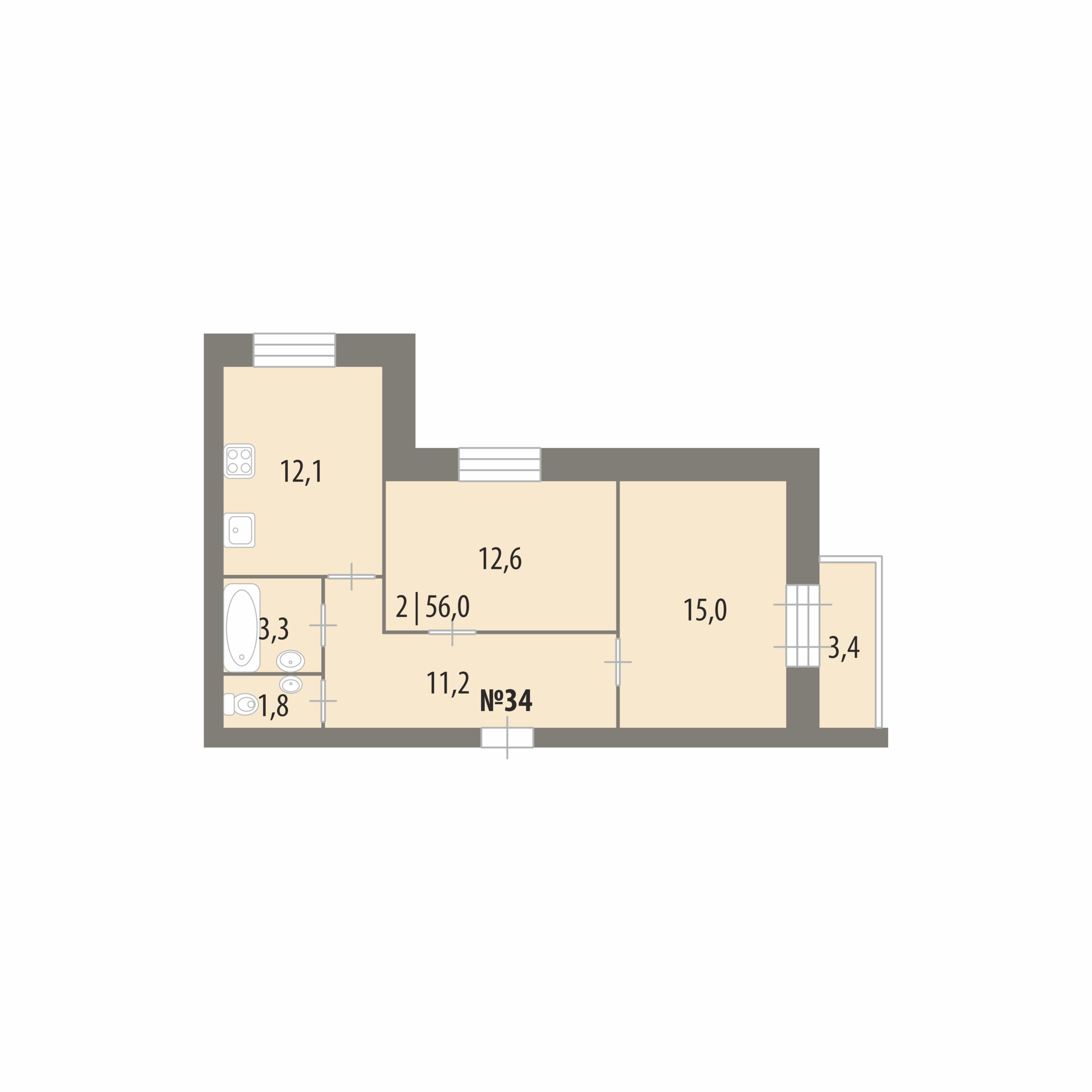 Планировка: 2-комнатная · 56 м², Дом на Городищенской