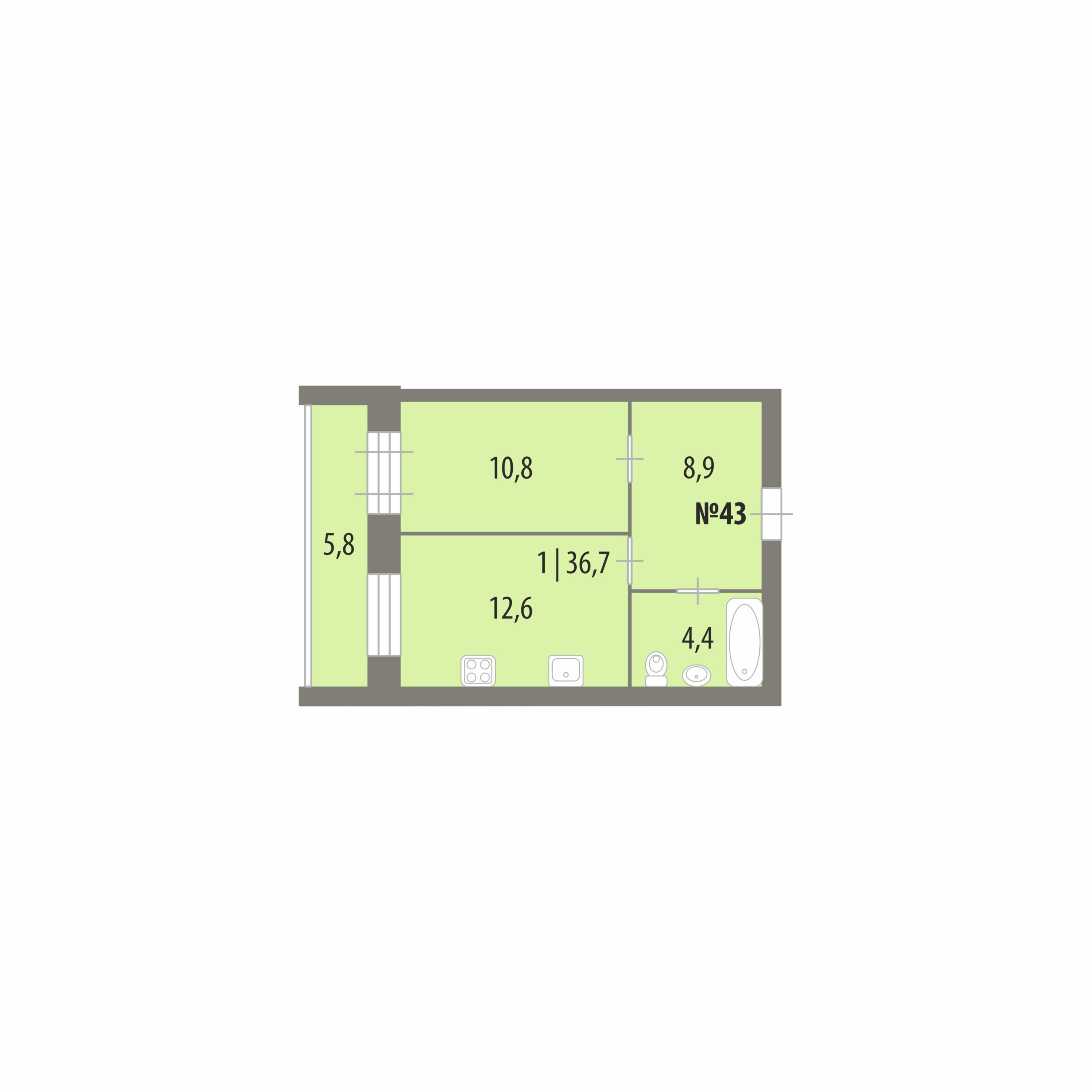 Планировка: 1-комнатная · 36,7 м², Дом на Городищенской