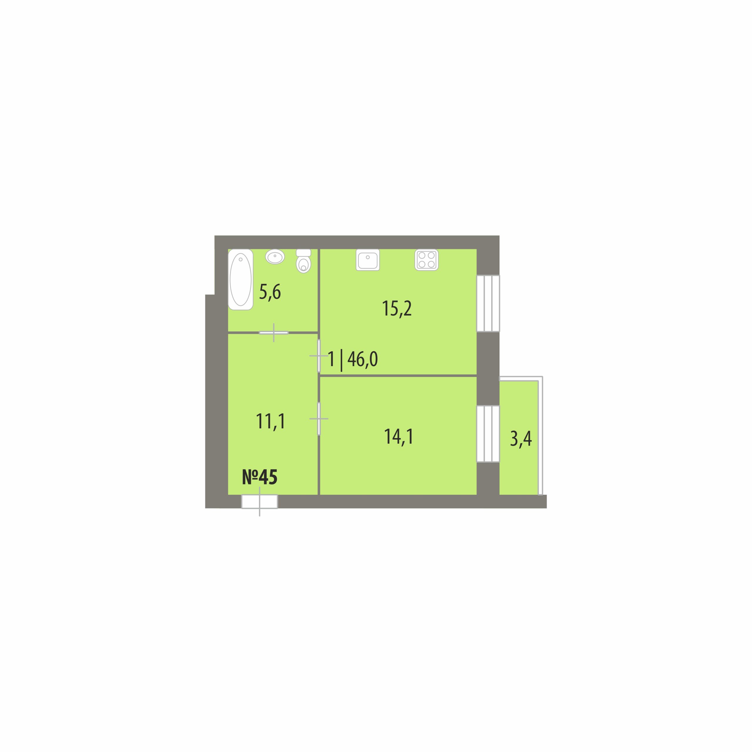 Планировка: 1-комнатная · 46 м², Дом на Городищенской