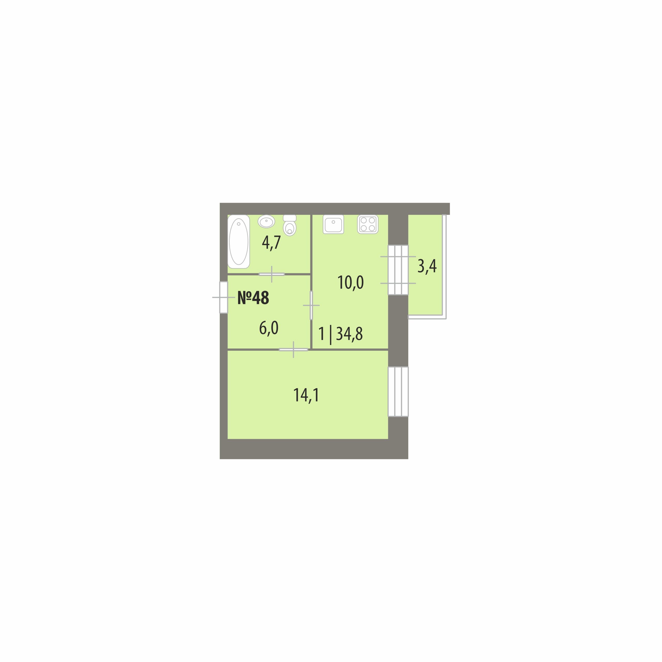 Планировка: 1-комнатная · 34,8 м², Дом на Городищенской