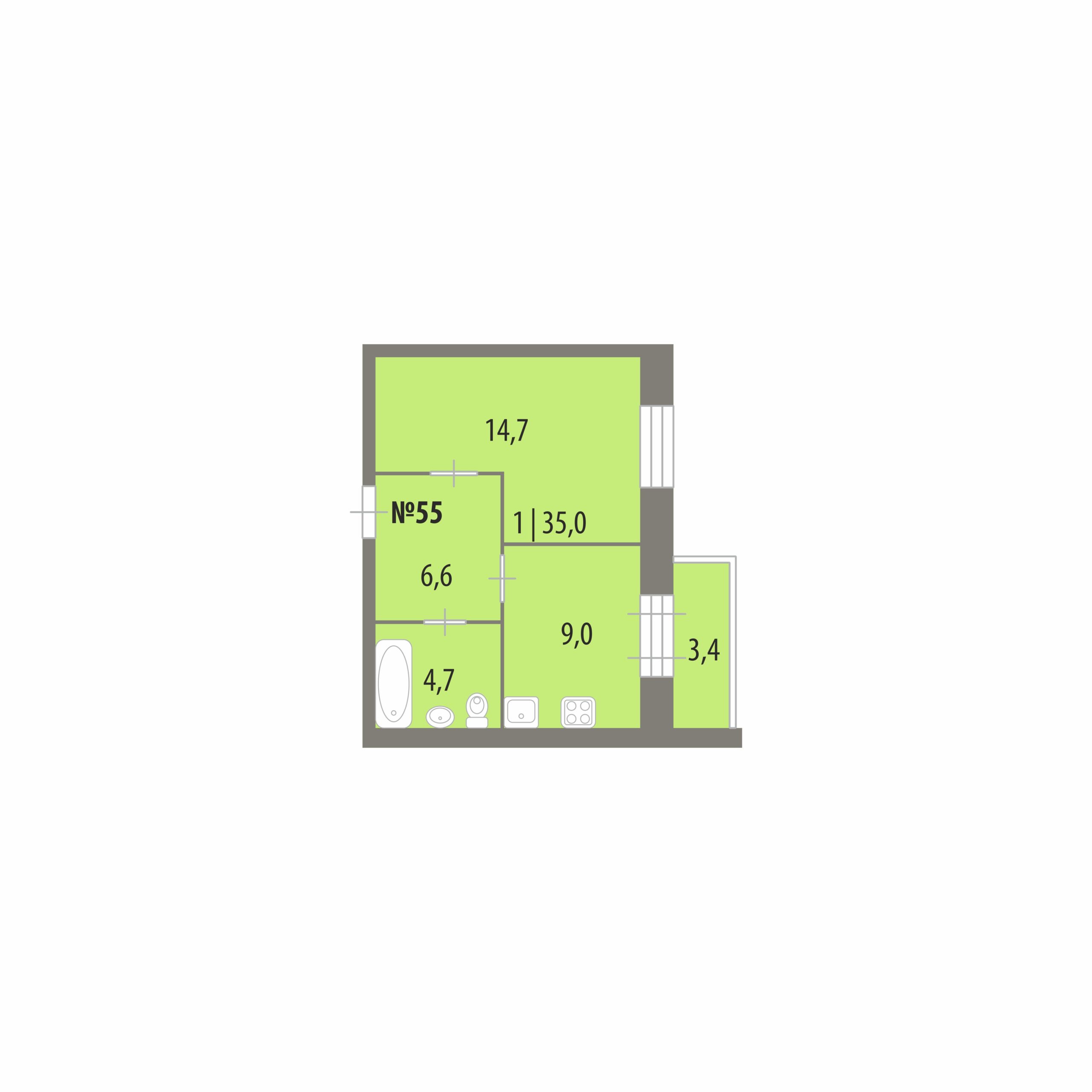 Планировка: 1-комнатная · 34,99 м², Дом на Городищенской