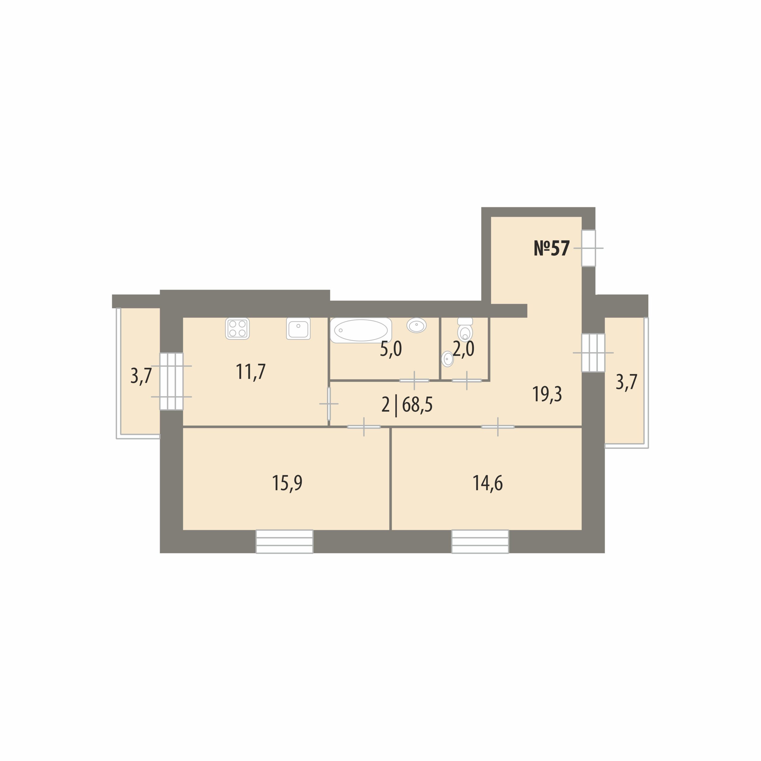 Планировка: 2-комнатная · 68,5 м², Дом на Городищенской
