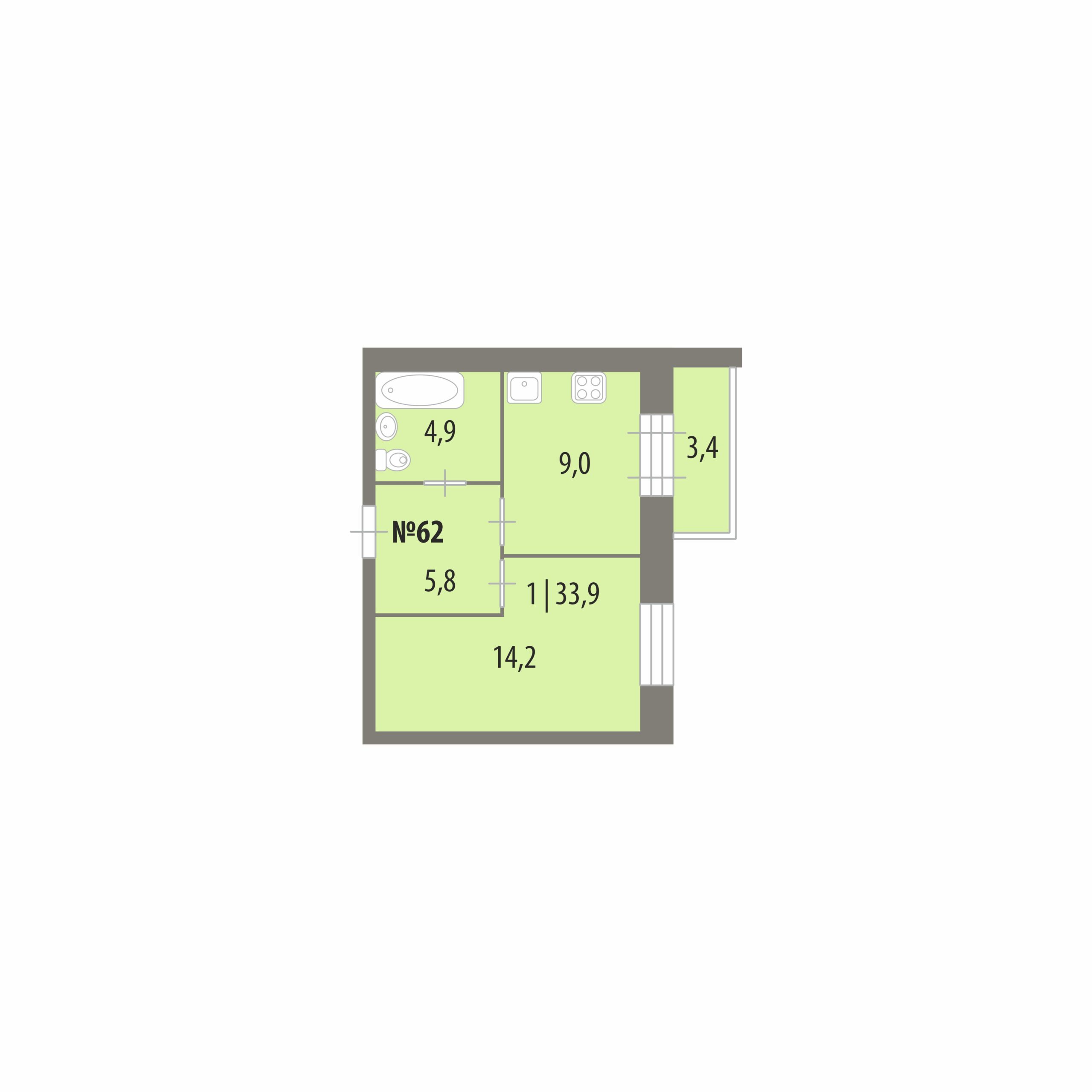 Планировка: 1-комнатная · 33,9 м², Дом на Городищенской