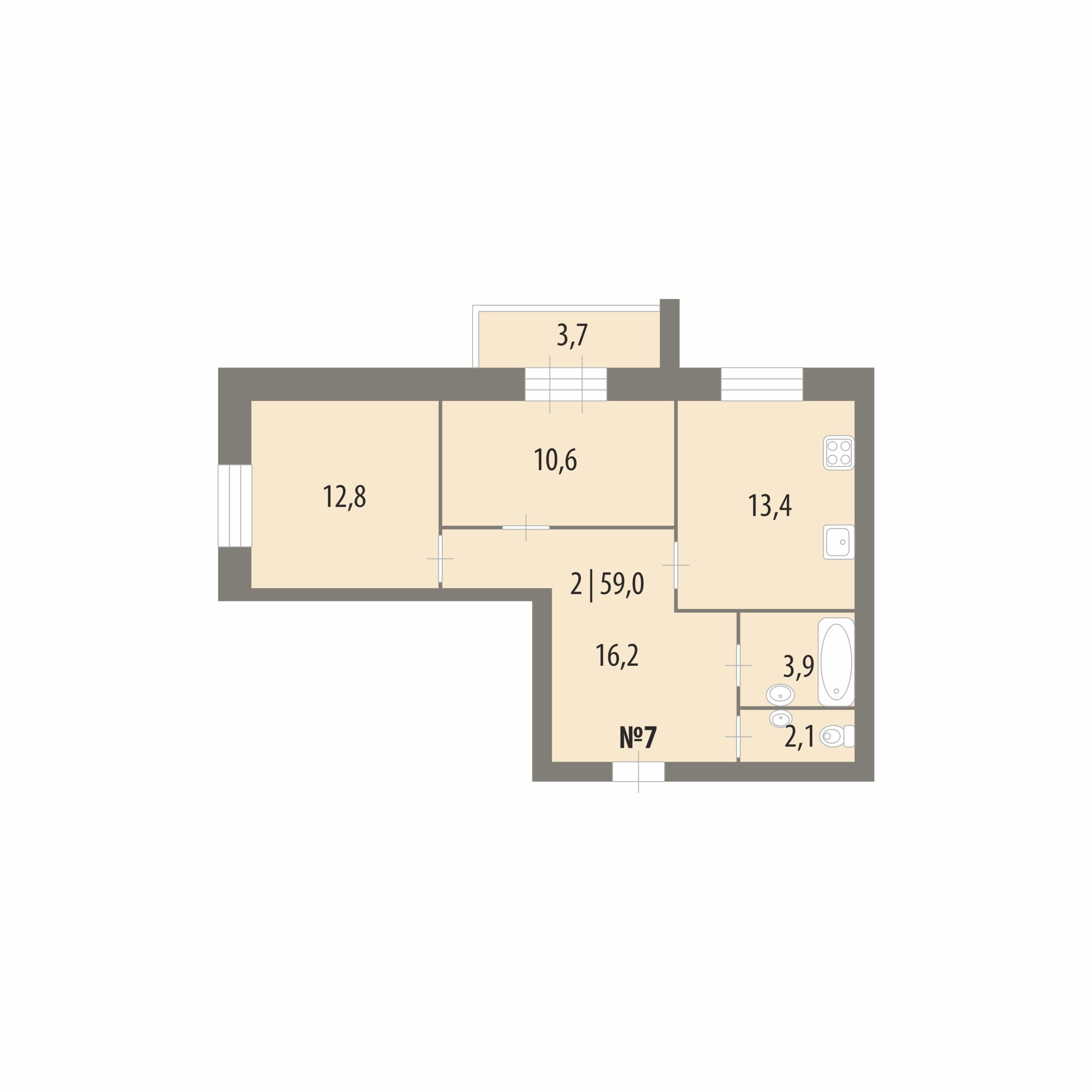 Планировка: 2-комнатная · 59 м², Дом на Городищенской